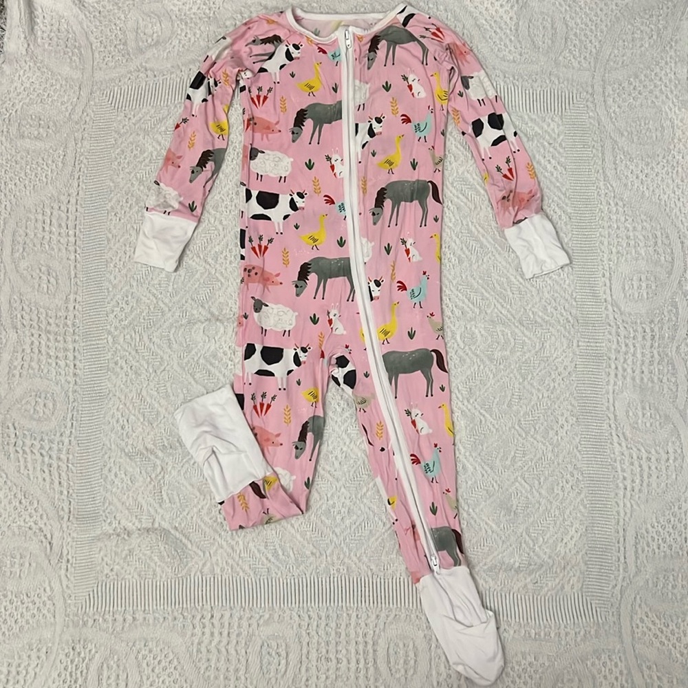 Little Sleepies. 18-24 month zippy. Pink farm animal print.